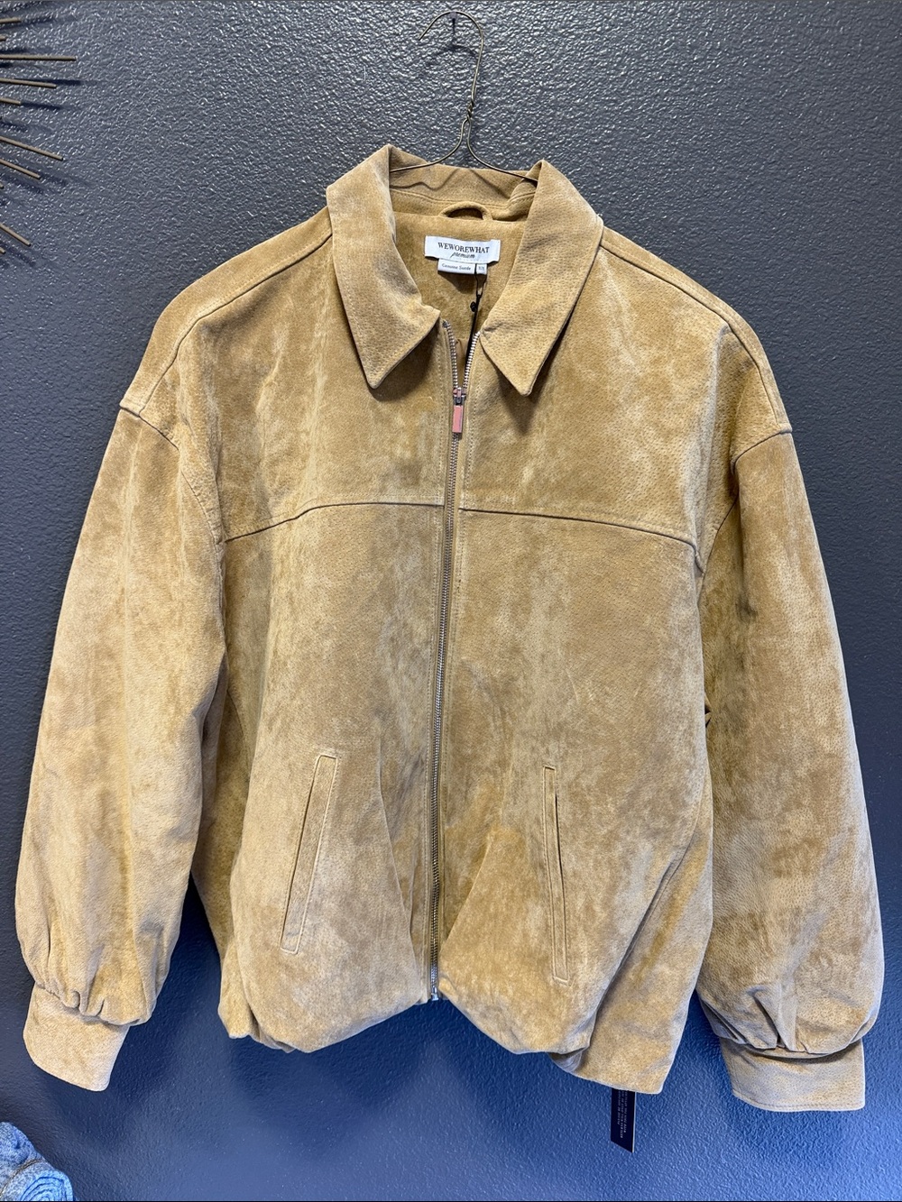WeWoreWhat Jacket . Genuine suede Bomber. New with Tags . Tan. Medium .